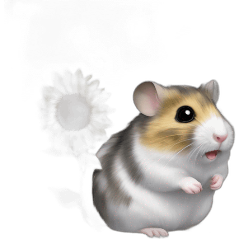 A Campbell dwarf hamster with a patchy greyish white fur sitting and eating a sunflower seed emoji