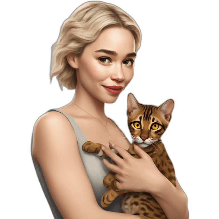 Emilia Clarke holds a Bengal cat with yellow eyes emoji