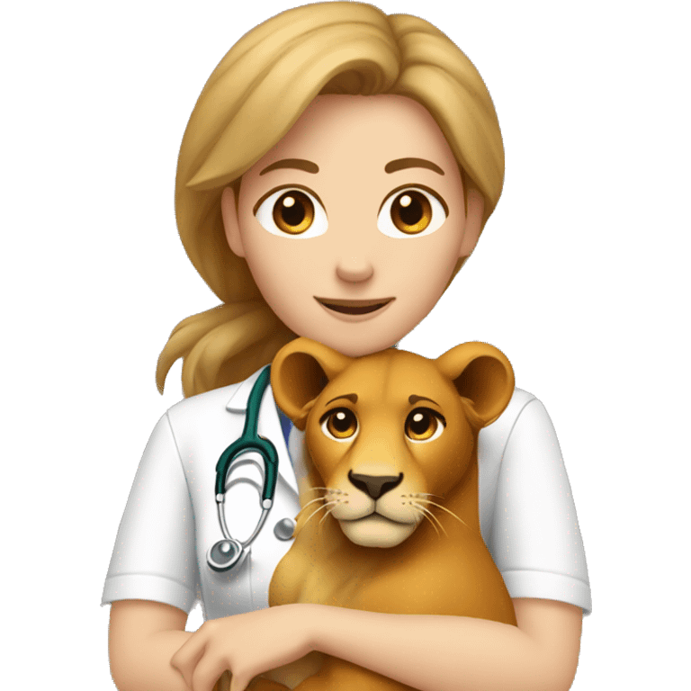 Female light brown hair veterinarian cuddling a lion emoji