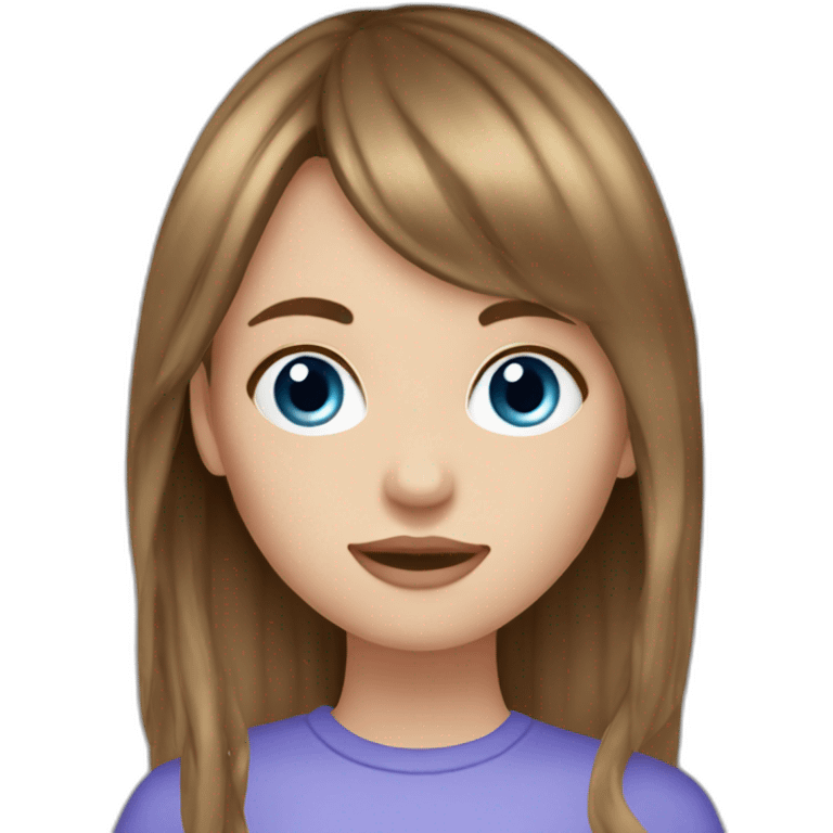 white girl with long brown hair, curtain bangs, blue eyes, 20 yo emoji