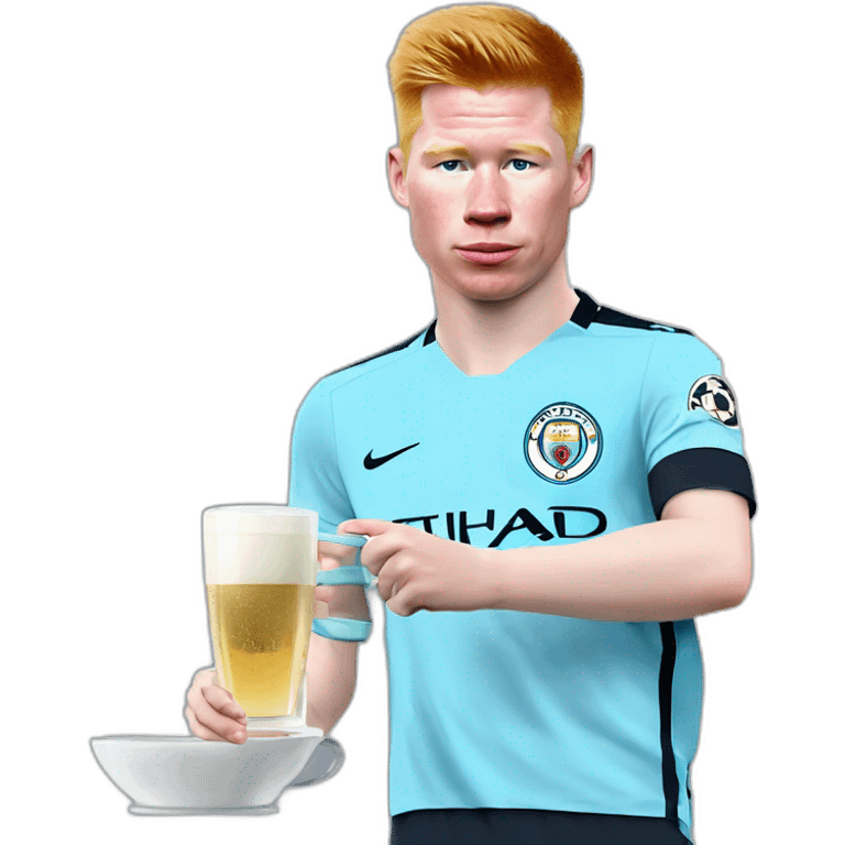 Kevin de Bruyne with a shirt of Manchester City drinking tea ,on the cup there the flag of Real Madrid  emoji