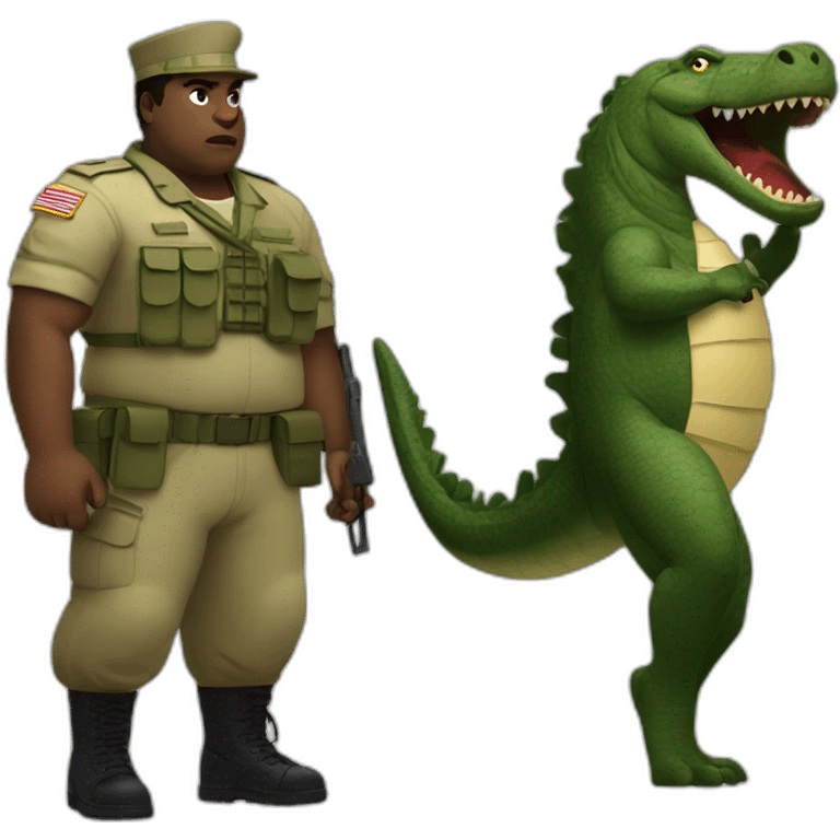 a fat bold black man dressed in military attire fighting with a crocodile emoji