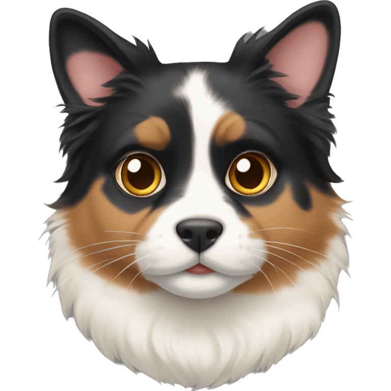 Fat calico cat with a black Australian shepherd  emoji