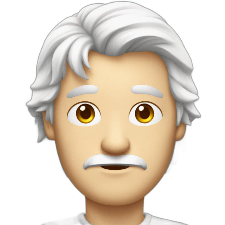 Unsure european shaved guy in his fifties with mid long white hair wearing a shirt holding a sign saying hello emoji