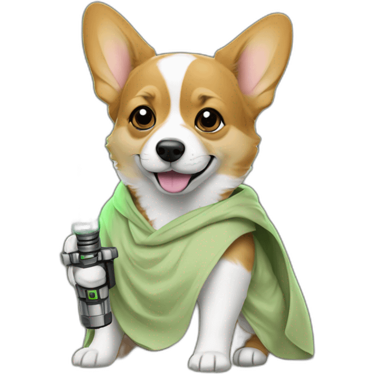 Corgi dress as yoda with one light saber green emoji