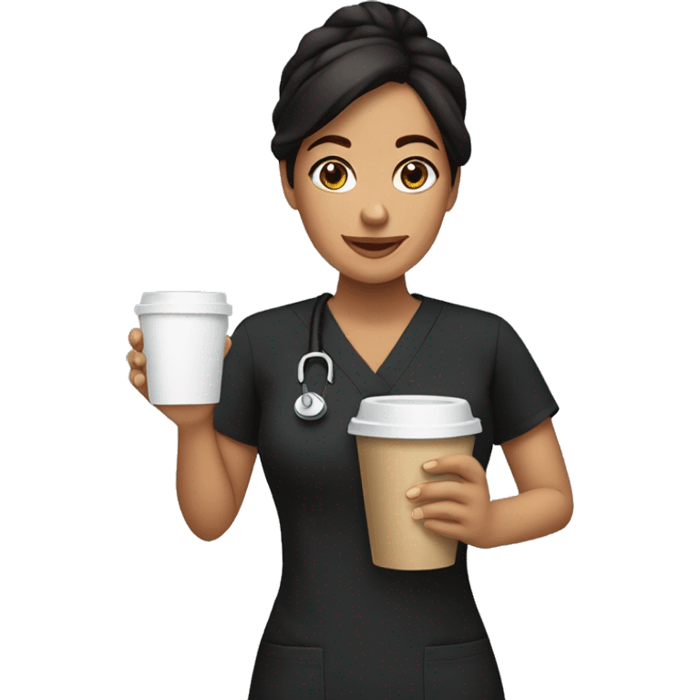 Hispanic woman in black scrubs holding coffee emoji