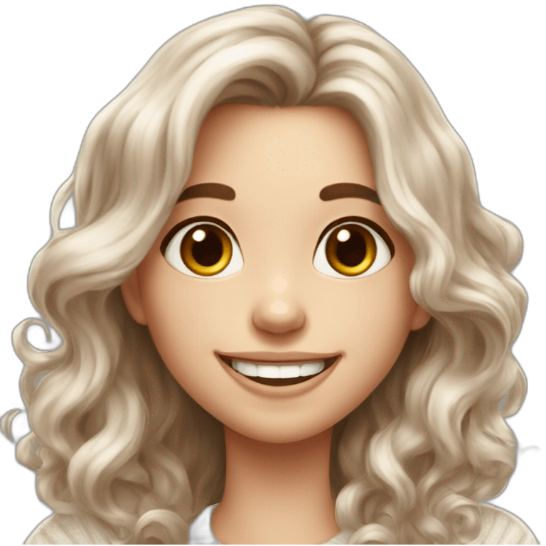 beautiful girl, white, with long loose wavy hair, brown hair, brown eyes, smiling, good teeth, white sweater, she laughs and waves her hand, realistic drawing emoji