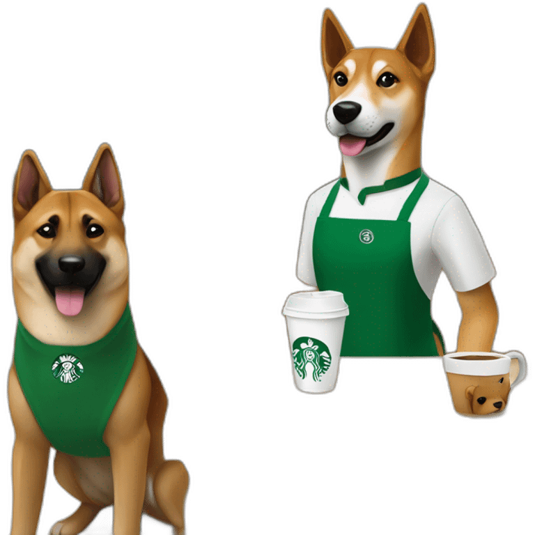 Malinois dog and shiba working at Starbucks with green apron emoji