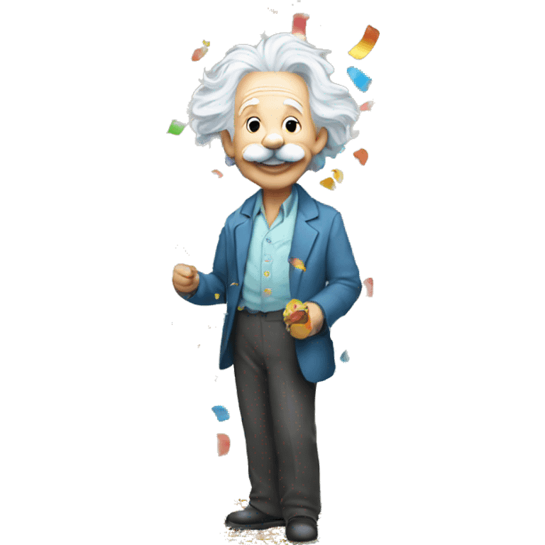 happy albert einstein standing and everwhere colorful confetti in his hand emoji