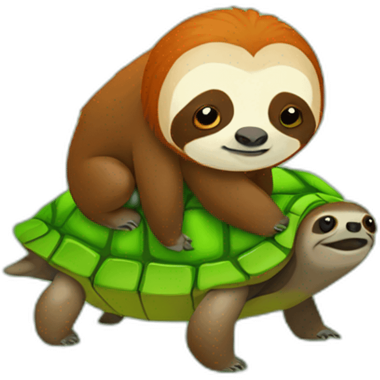 red haired sloth sitting on a green turtle who is walking  emoji