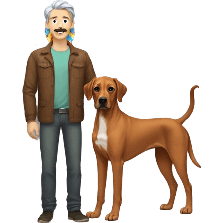 white male with long rainbow colored hair and a curled mustache standing alongside a brown rhodesian ridgeback dog emoji