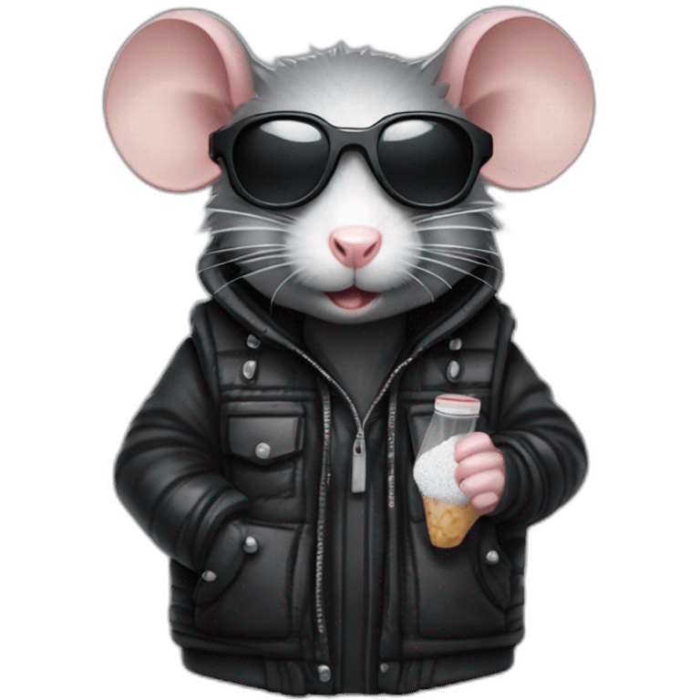 badass rat in black bodywarmer wearing sunglasses holding a small half-filled plastic bag of powdered sugar emoji