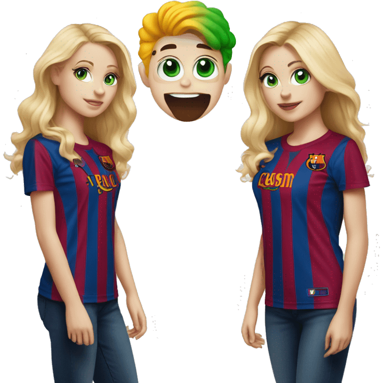 two blonde friends one has green eye in fc barcelona T-shirt emoji