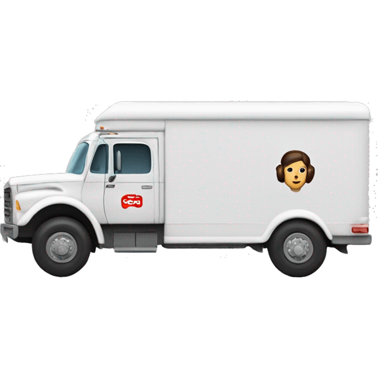 Side view of 1976 very very long mail delivery truck shaped like Princess Leia emoji