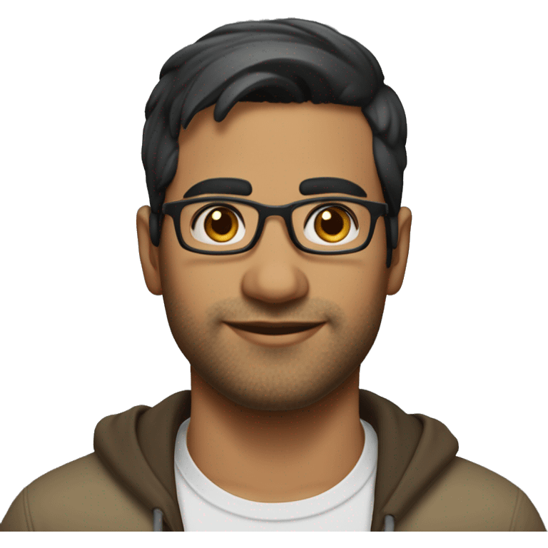 A head and shoulders shot of a 31 year old South Asian man, with short black hair, with none facial hair,  wearing glasses with brown eyes wearing a t-shirt. emoji