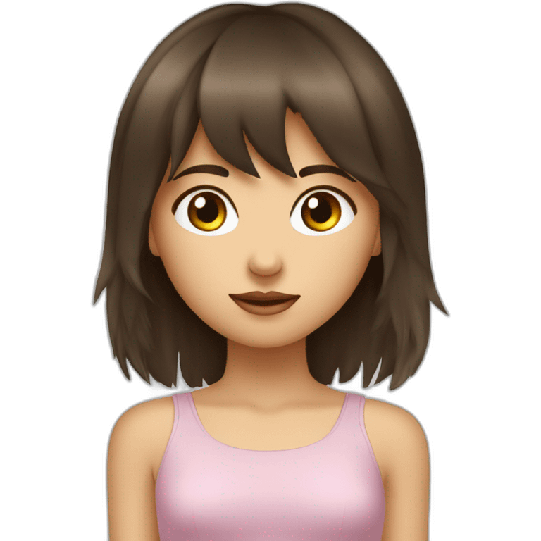 Fille brune abec des yeux bleux avec une frange et des cheuveux long emoji