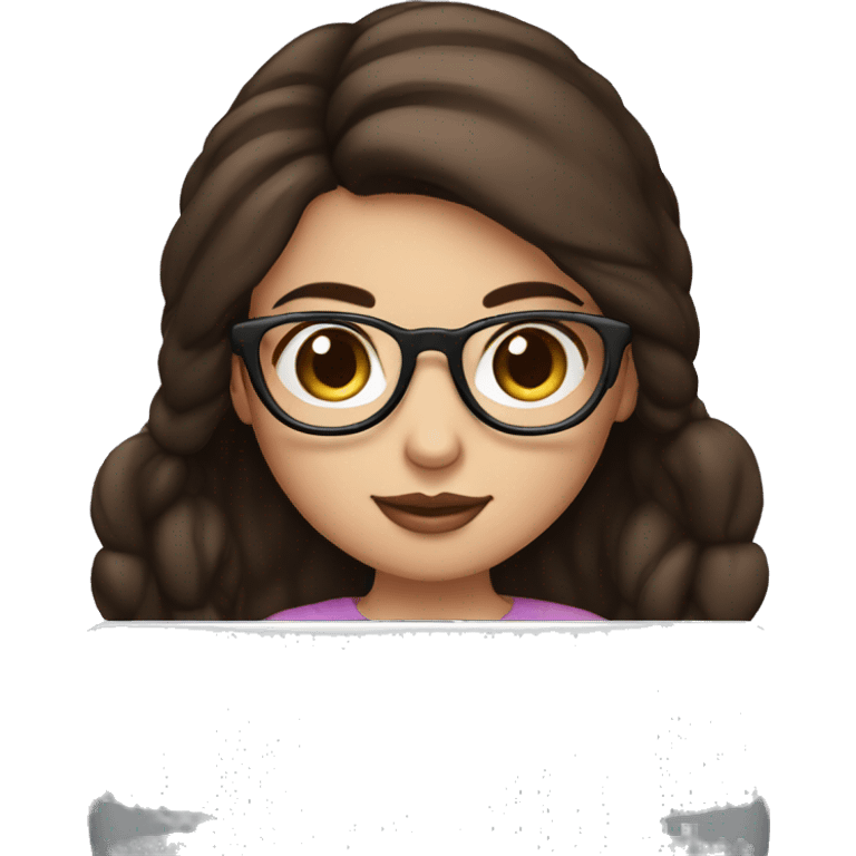 Girl with dark brown bun hair chinky eyes with glasses and white skin hold macbook emoji