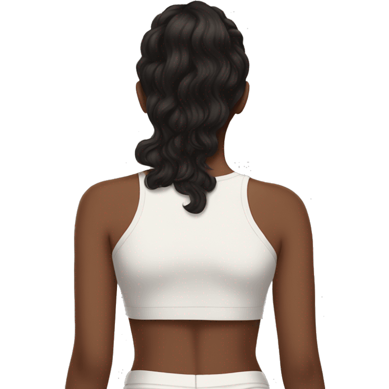 back side of a brown women, with black hair, a white crop top, wavy long hair emoji