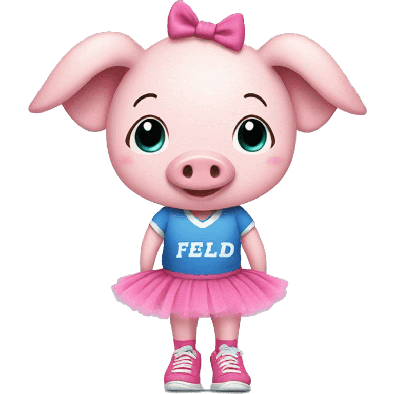 Female pig wearing pink socks with sneakers. She has a tutu on. And a blue shirt that says Field Day emoji