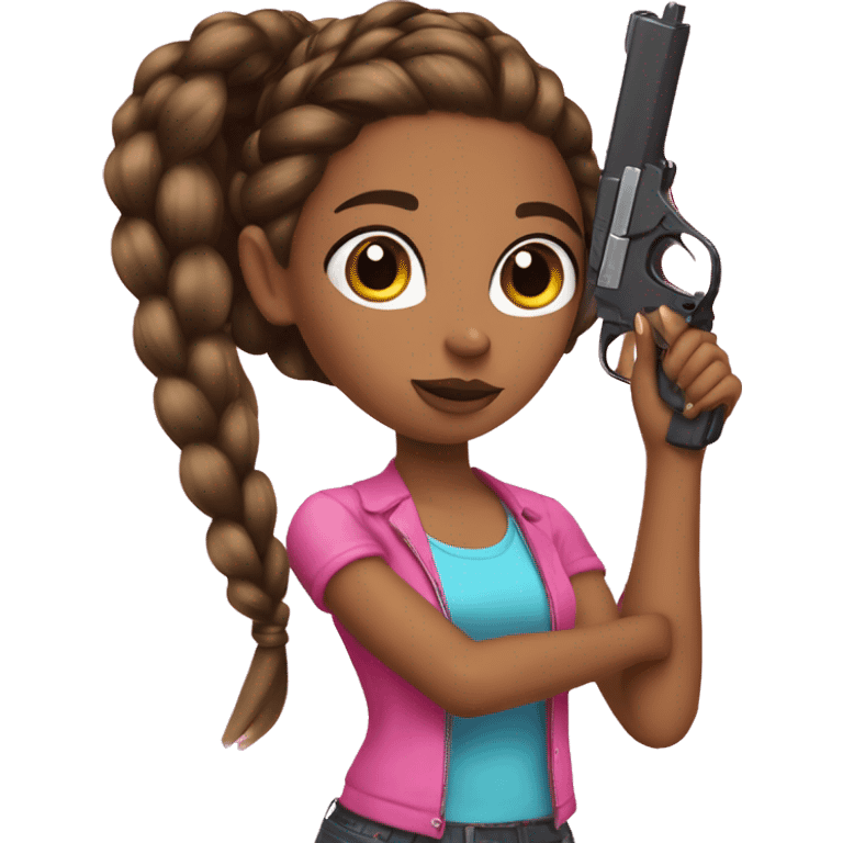 Braid hair brown Girl hand pink nails holding pink gun emoji