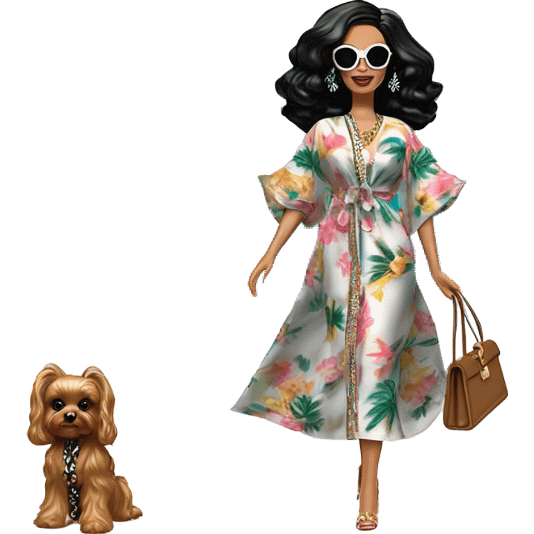 Palm Beach Breeze Barbie, teen Wednesday Addams ,walking by the pool, white skin, full body visible, wavy hair,handbag, aloof,eyeshadow,earrings,open flowing floral caftan,small 2 piece, sunglasses on top,heels,holding yorkie Miss Thang emoji