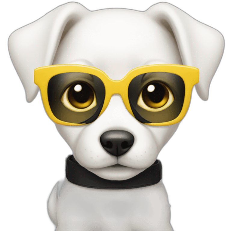 completely white puppy in yellow square glasses with a black dress emoji