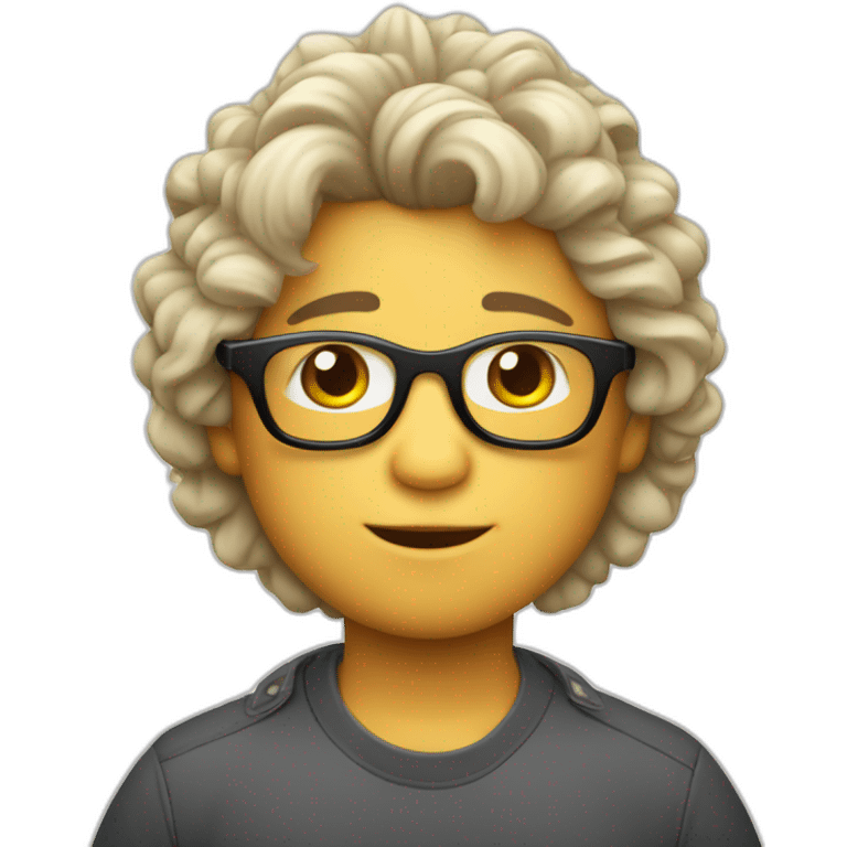 Niño blanco gordito con pelo rizado largo y gafas emoji