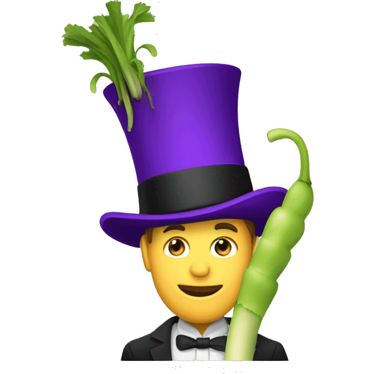 White man wearing a Top Hat with a purple band holding a leek emoji