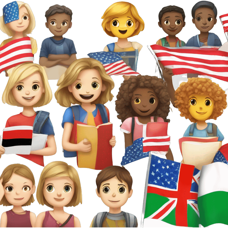 A vivid picture of children with  fair skin learning English, for example, playing games in English, reading books, drawing flags of different countries. emoji