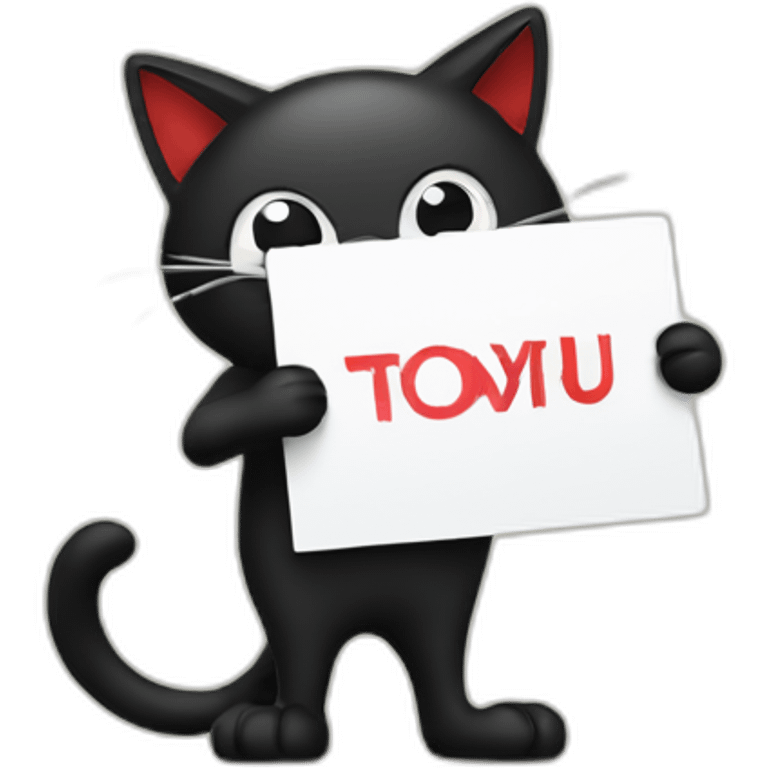 black and red cat holding a sign with text emoji