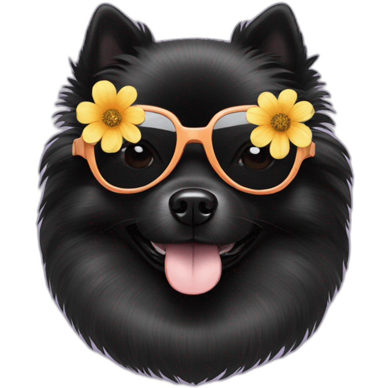 black pomeranian wearing flower shaped sunglasses emoji