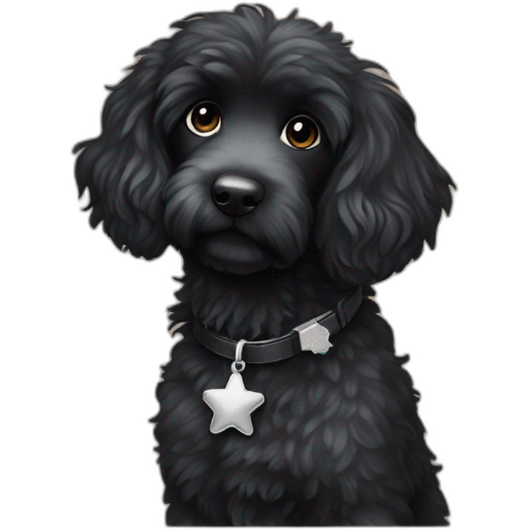 fully black aussie doodle with a silver star-shaped tag on its collar emoji