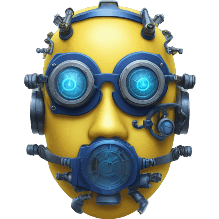 Yellow cyborg head with dark blue steampunk goggles and circuitry emoji