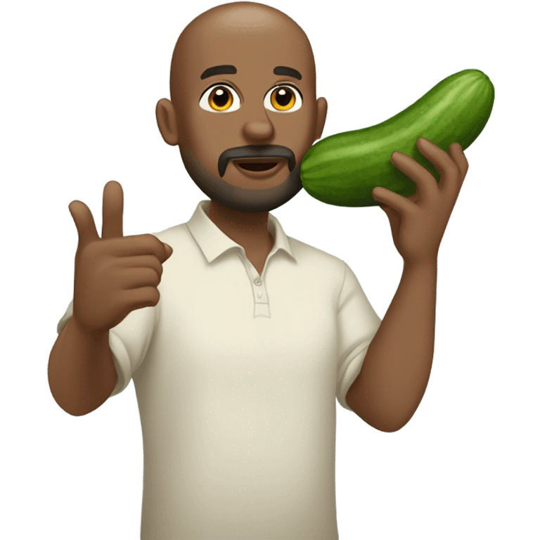 A bald, Black man with a beard and goatee blowing a kiss while holding a cucumber. emoji