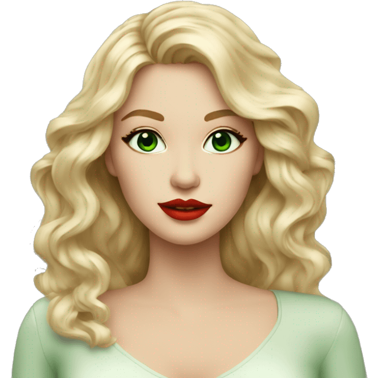 blonde beauty woman wiht green eyes, long wavy hair, red lips, modern outfit emoji