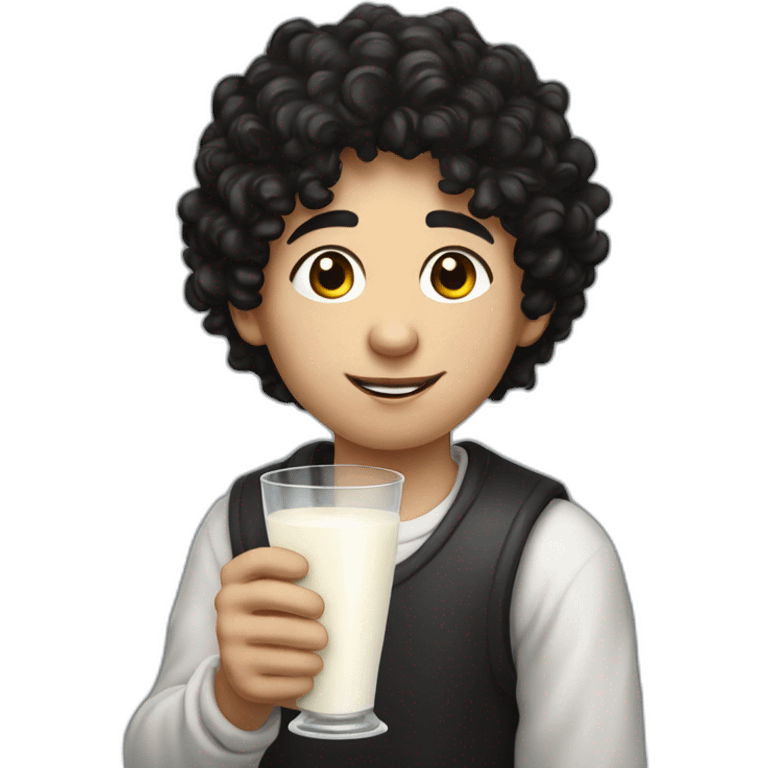 A side-portrait from the shoulders up of a pasty white teenage boy with dark black curly hair holding a chalice of milk emoji