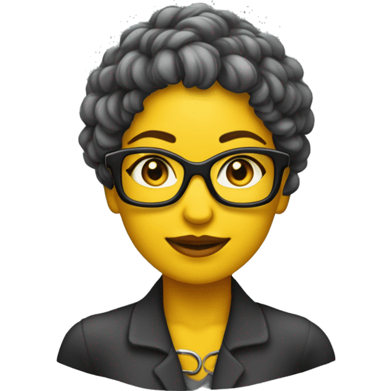 Uma mulher com cabelo amarelo,usando óculos de grau com armação preta com um colar de contas com uma pena emoji