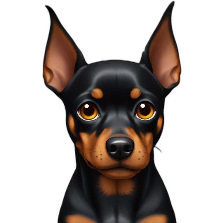 old dark miniature pinscher with ears up, angry emoji