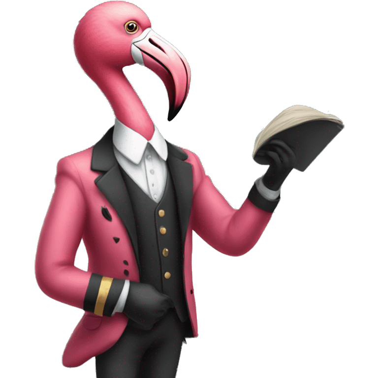 flamingo wearing a suit with shakespeare in his hand teaching to the class behind a blackboard called mr fleming emoji