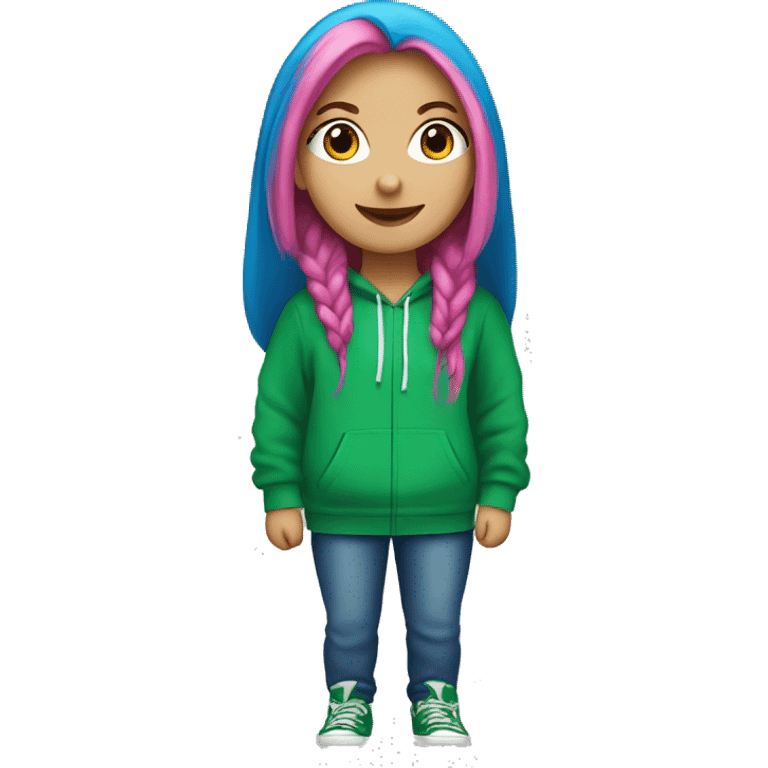 white girl with long bright blue hair wearing primary green hoodie emoji