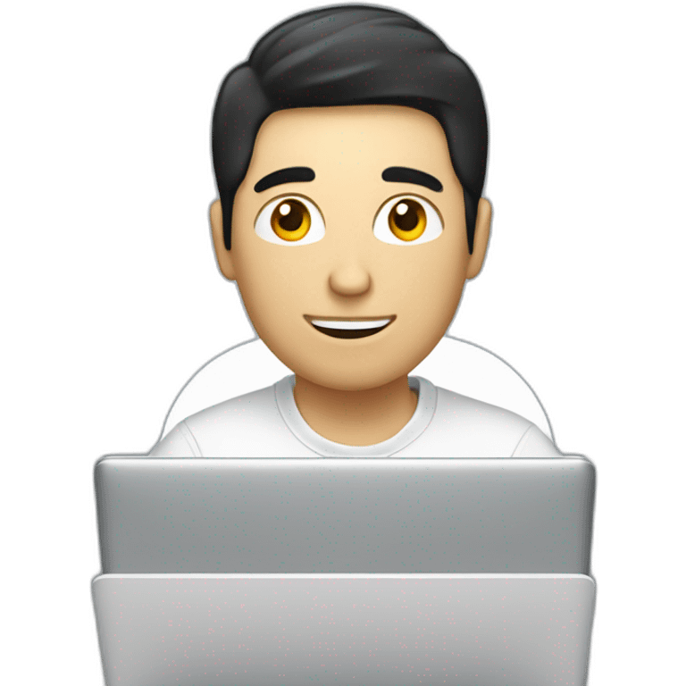 A white man with black hair working on a laptop with a lightbulb above his head emoji