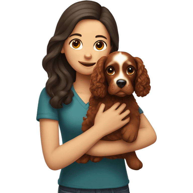 brunette girl holds red cocker spaniel in her arms emoji