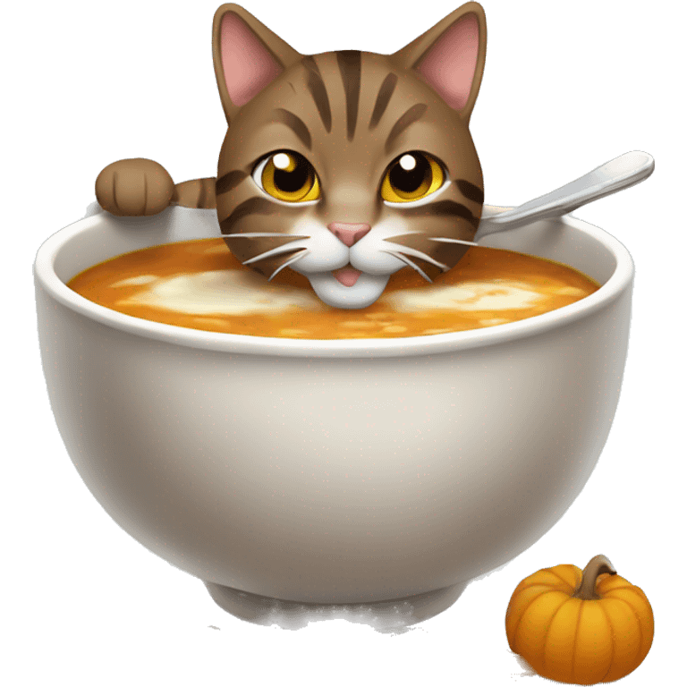 Brown tabby cat eating soup in fall emoji