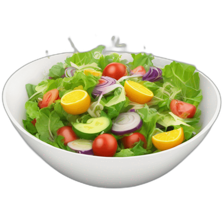 "Create a vibrant, 3D bowl of salad with colorful, glowing ingredients, levitating slightly in a modern kitchen setting. emoji