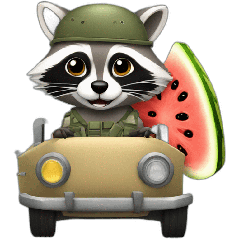 A military raccoon with a watermelon at the wheel of a car emoji