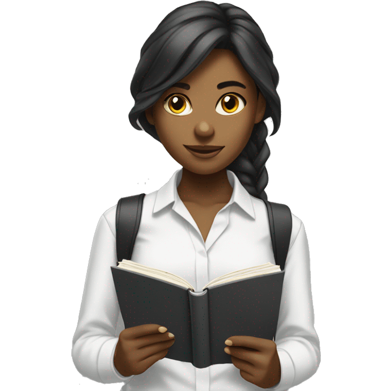 young black female student with straight  long hair reading white collar shirt emoji