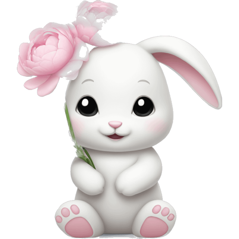 cute white bunny holding light pink peonies emoji