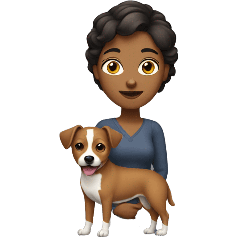 Apple style brown woman with short hair holding heeler dog emoji