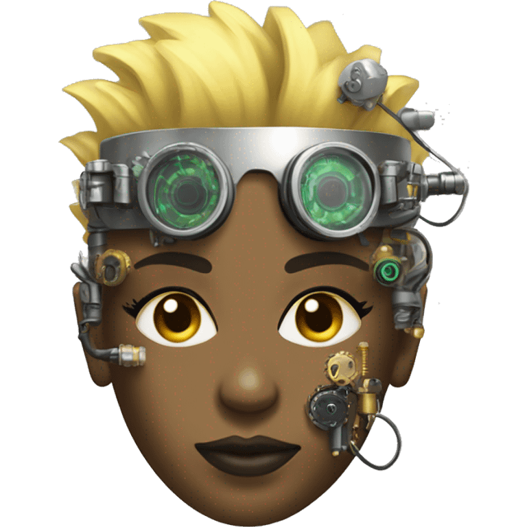 Light yellow Mohawk hair female cyborg head, dark skin, steampunk goggles and circuits emoji