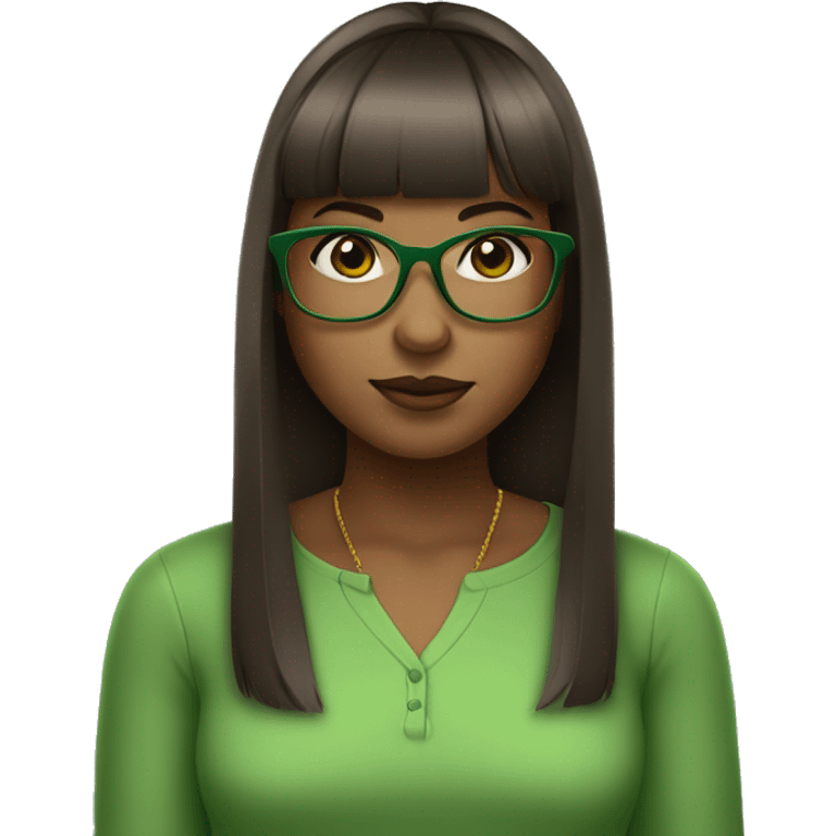 brown skin girl with straight bangs and green glasses standing emoji